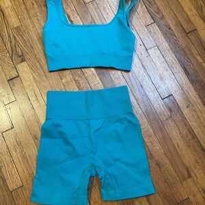 Green Ribbed Sports Bra and Shorts Set